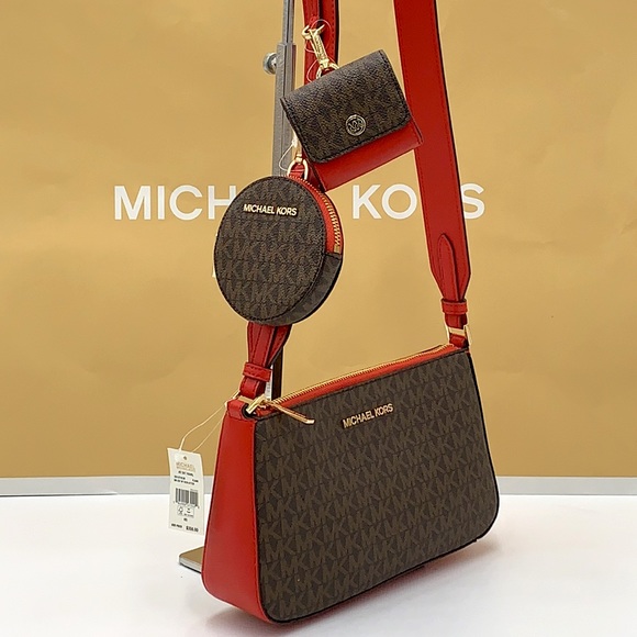 Michael Kors Jet Set Travel Small Crossbody w Tech Attch Flame/Brown signature - Picture 2 of 16